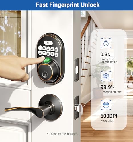 Veise Fingerprint Door Lock with 2 Lever Handles - Keyless Entry Door Lock, Keypad Door Lock with Handle, Electronic Deadbolt Front Door Lock Set, Auto Lock, Easy Installation, Oil Rubbed Bronze