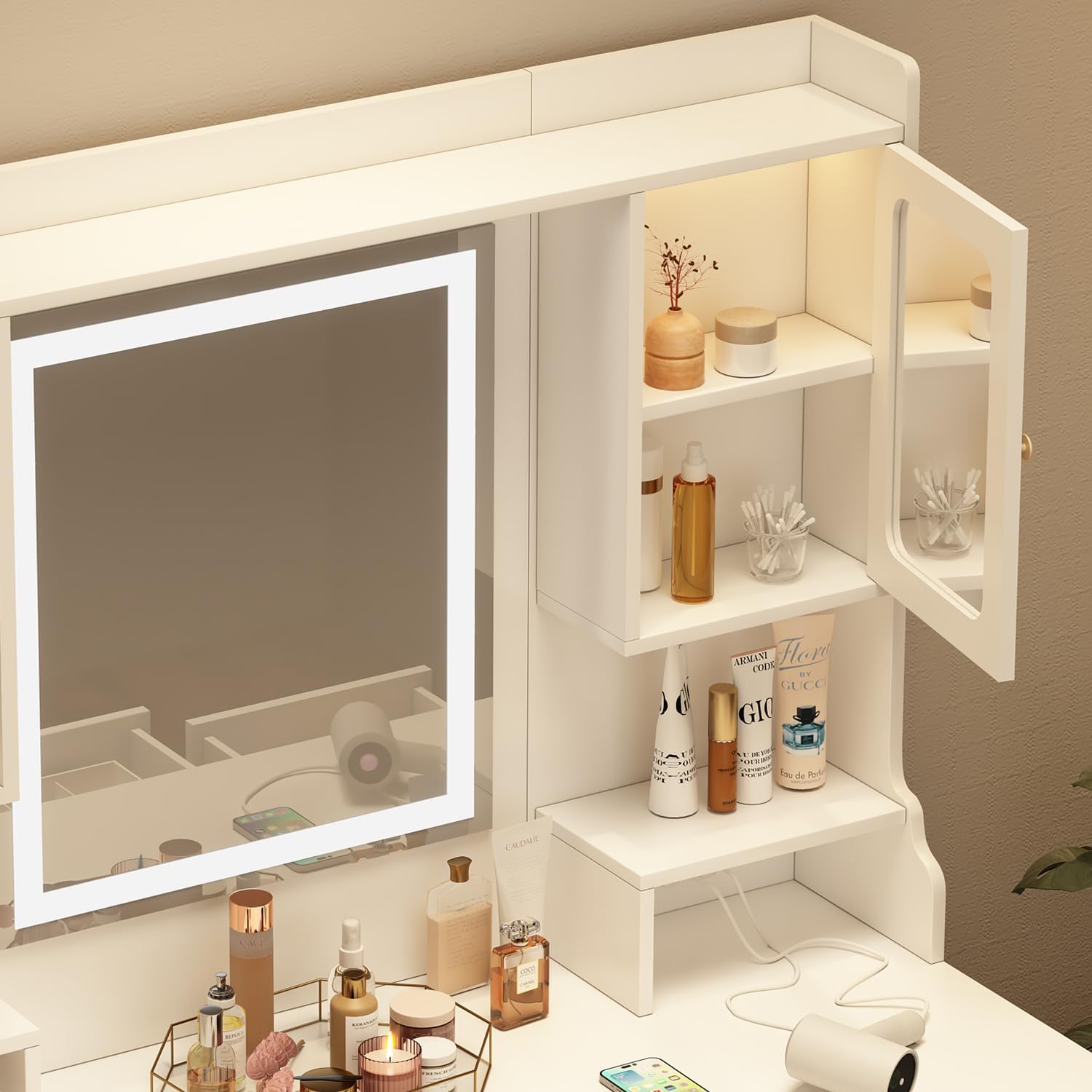 Vanity Desk with LED Lighted Mirror, Makeup Vanity with 11Drawers, 3 Color Lighting Modes Brightness Adjustable, Hidden Wiring, Dressing Table for Bedroom, White (White+MDF+American Design)