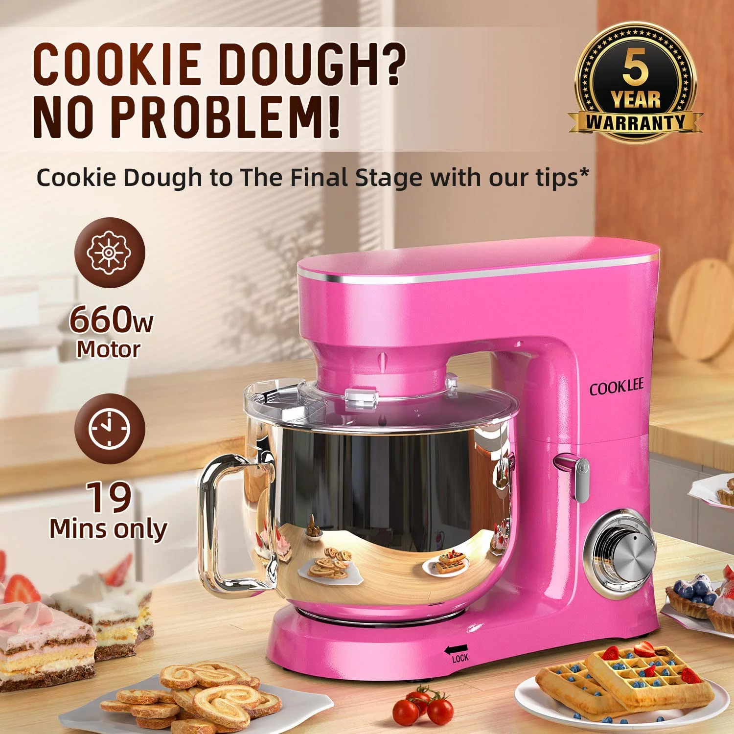 COOKLEE 9.5 Qt. 660W 10-Speed Stand Mixer w/ Dish Washer Safe Accessories SM-1551, Pink