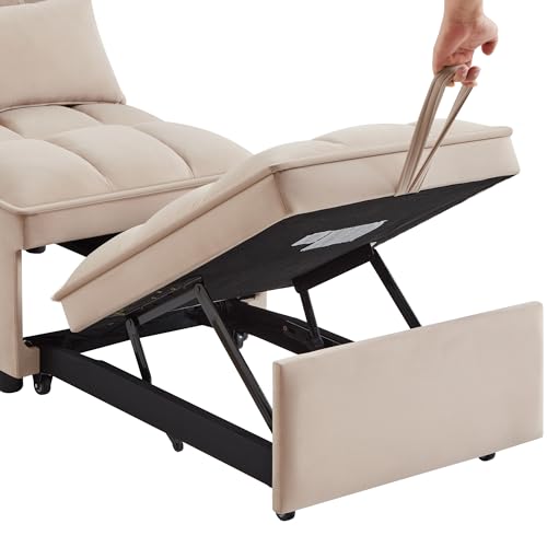 Sleeper Chair Bed, 4-in-1 Folding Convertible Chair Sofa Bed with Adjustable Backrest, Pull Out Sleeper Chair Bed with Storage Pockets, Modern Velvet Chaise Lounge (Taupe)