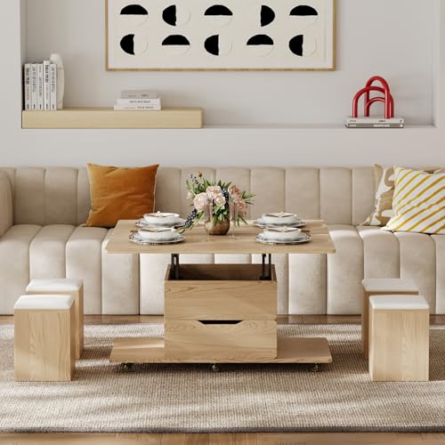 homary Black Lift-Top Coffee Table with Hidden Storage, 3-in-1 Modern Folding Center Table with 4 Stools, Casters, and Lockable Wheels – Convertible Dining & Office Table for Living Room
