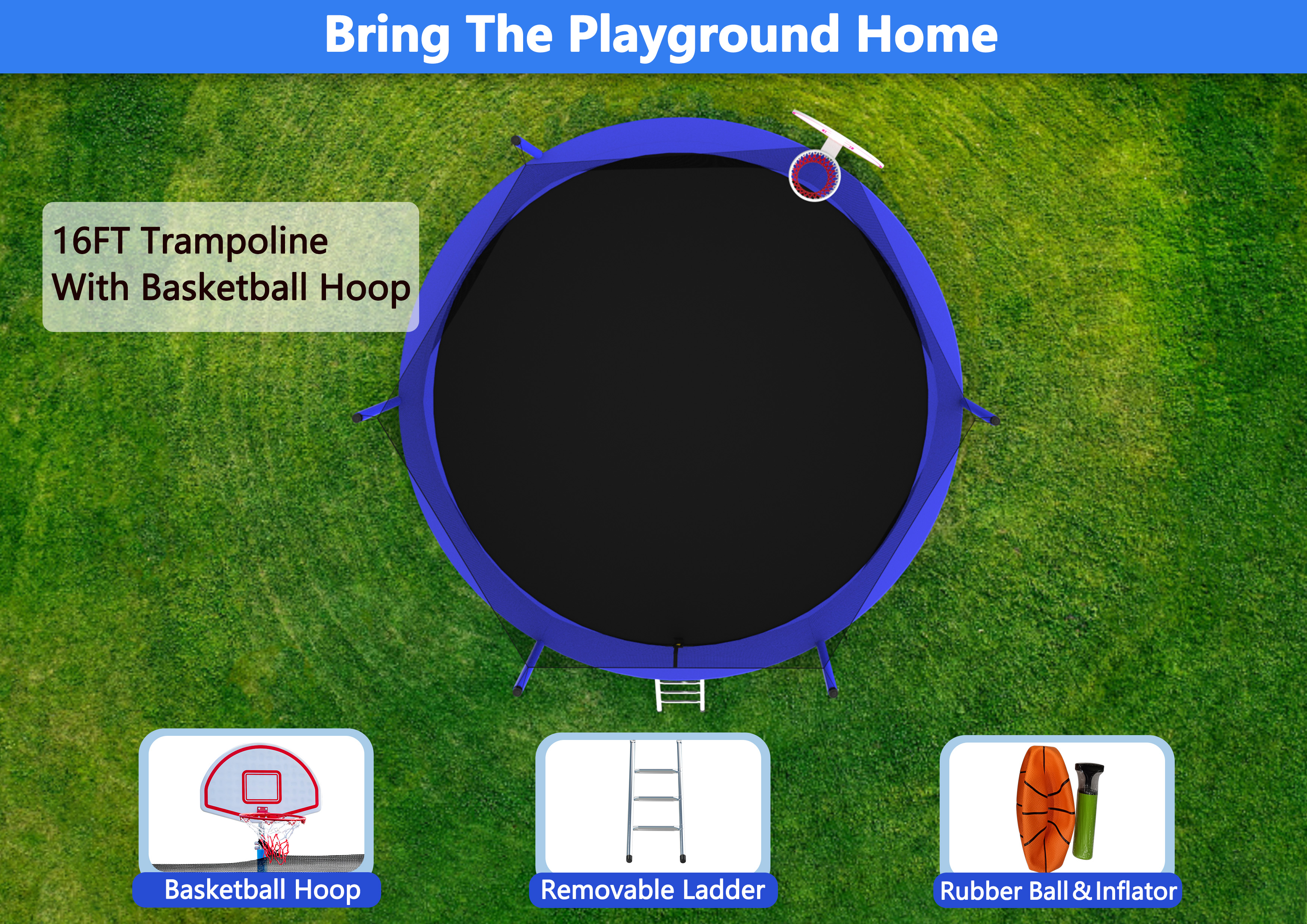 Trampoline for Kids, 16FT Large Trampoline with Enclosure & Reinforced Frame, 2-IN-1 Adults Rebounder & Basketball Hoop with Balance Bar, 1323 LBS Weight Capacity