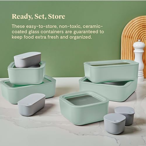 Caraway Glass Food Storage Set, 14 Pieces - Ceramic Coated Food Containers - Easy to Store, Non Toxic Lunch Box Containers with Glass Lids - Includes Storage Organizer & Dot & Dash Inserts - Mist