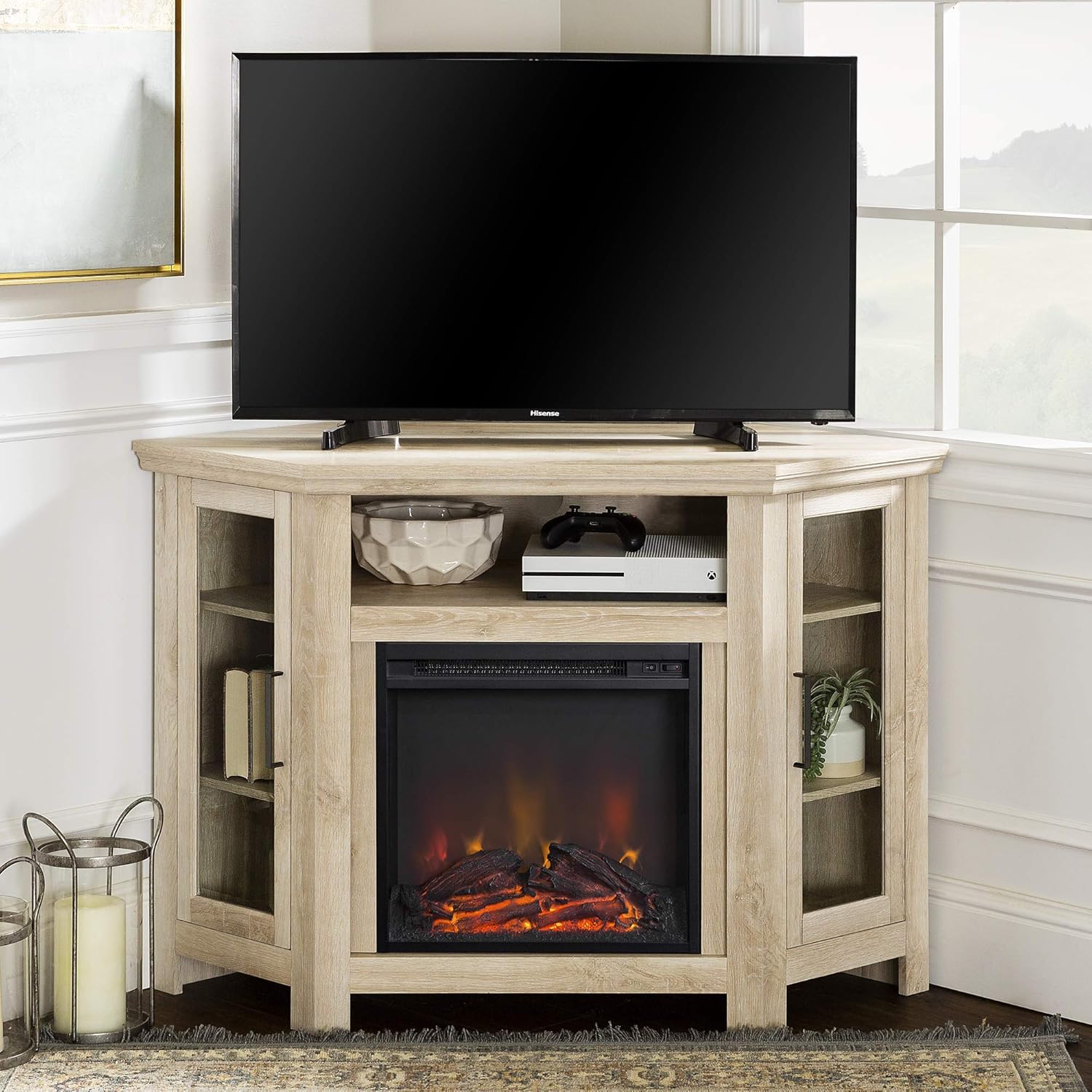 Walker Edison Alcott Classic Glass Door Fireplace Corner TV Stand for TVs up to 55 Inches, 48 Inch, Espresso