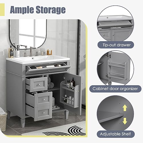 30inch Bathroom Vanity with Sink,Freestanding Bathroom Cabinet with 2 Drawers and a Tip-Out Drawer,Single Sink,Easy Assmebly,Vanity Sinks for Bathrooms with Small Spaces(White)