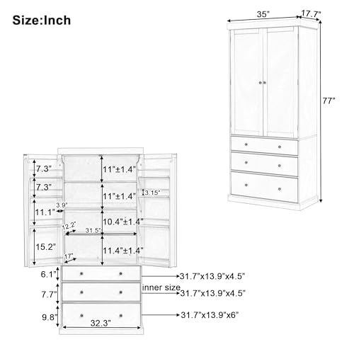 77" Kitchen Pantry with 3 Drawers, 3 Adjustable Shelves, 8 Door Racks, Large Wooden Cupboard, Freestanding Tall Cabinet for Kitchen Dining Room, Grey