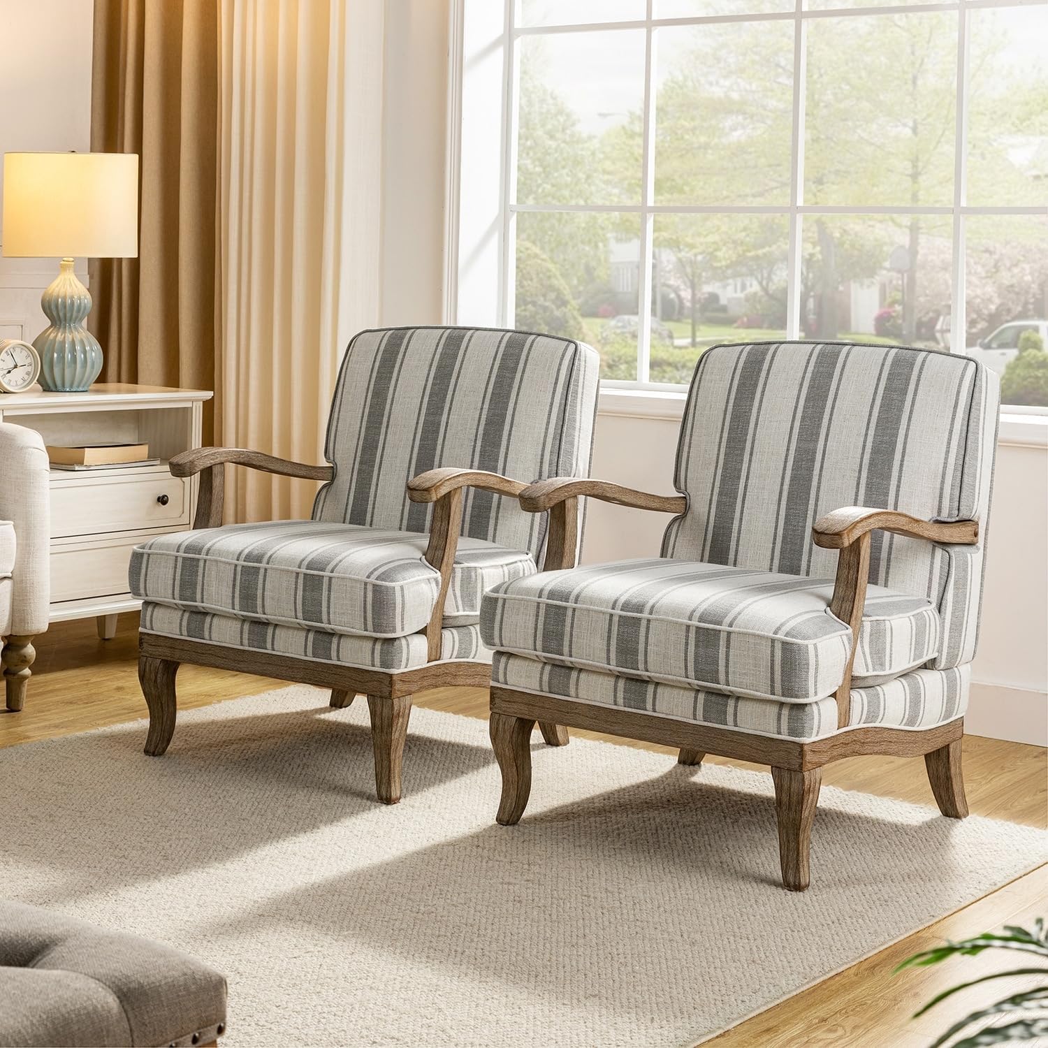 HULALA HOME Rinaldo Farmhouse Polyester Armchair with Solid Wood Legs Set of 2 by Grey