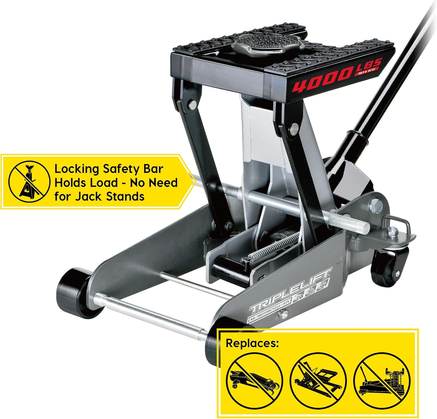 Powerbuilt 2 Ton Triple Lift Floor Jack, Lifts Cars, Trucks, Motorcycles, ATV's, Transmissions, Tie-Down Loops, Locking Safety Bar - 620422E, Silver