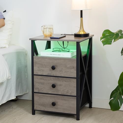 AMHANCIBLE Night Stand Set 2, LED Nightstand with Charging Station, End Side Tables with USB Port & Outlet, Bedside Table with Fabric Drawers for Bedroom Living Room, Dark Grey, HET053LDG
