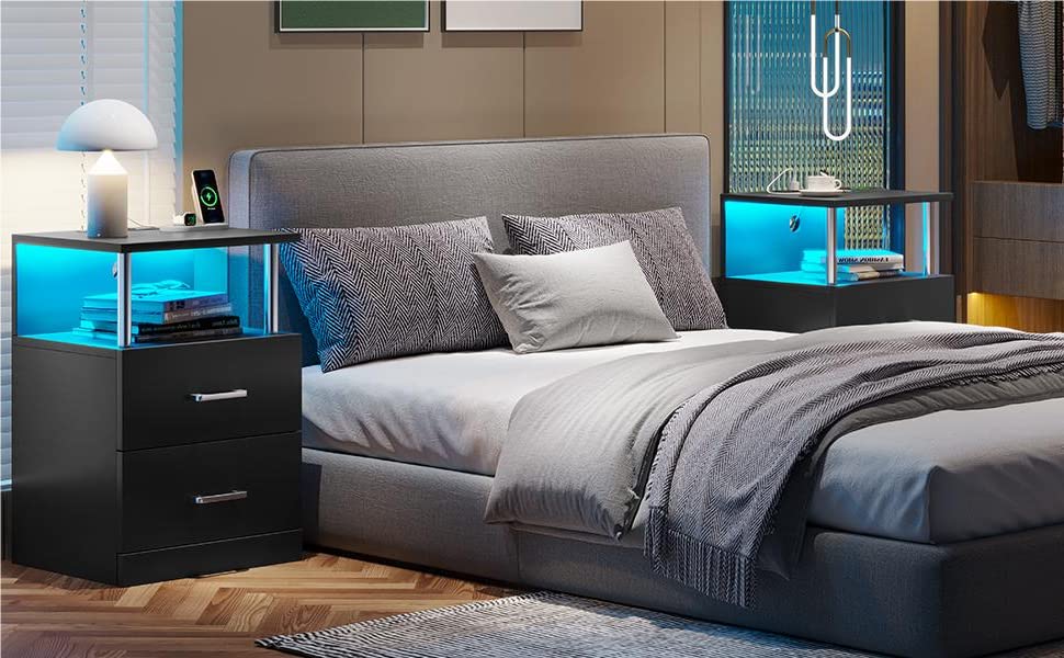 AOGLLATI Nightstand with Charging Station and LED Lights, Nightstands Set of 2, Bedside Table with Open Storage and 2 Drawers, 2 USB Ports, 2 Outlets, Modern End Side Table for Bedroom, White