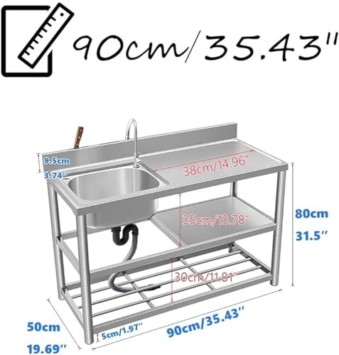 WAZHOU Free Standing Stainless Steel Utility Sink Kitchen Commercial Sink for Laundry Room with Backsplash, Strainer,Hot & Cold Water Faucet,5 Sizes Industrial Sink for Restraunt, Bar, Store