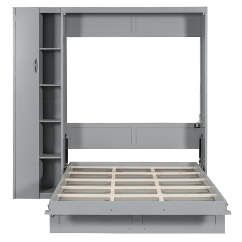 Harper & Bright Designs Queen Size Murphy Bed Wall Bed with Storage Shelves, Wardrobe and LED Lights, Space-Saving for Multipurpose Guest Room or Home Office, Gray