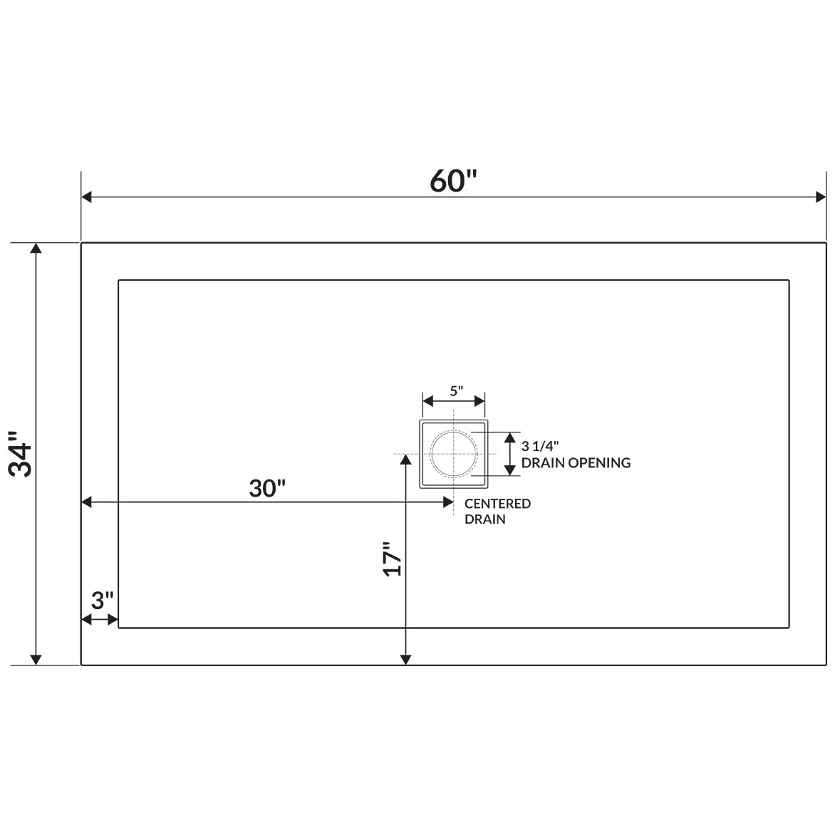 LessCare 60 x 34 Single/Double Threshold Shower Base Pan Center Drain, White