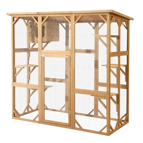 Grepatio Cat Enclosure Large Outdoor Catio Wooden Cat House with Weatherproof, Cat Cage Condo Indoor Playpen with Platform and Small House(Grey)