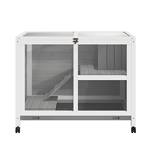 PawHut Indoor Rabbit Hutch with Wheels, Desk and Side Table Sized, Wood Rabbit Cage, Waterproof Small Rabbit Cage, Natural