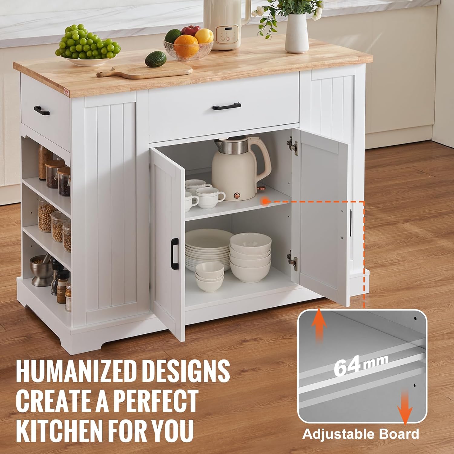 VEVOR Kitchen Island Cart, 46" Wood Top Breakfast Bar with Storage Cabinet, Farmhouse Kitchen Table with Adjustable Shelf, Drawer, for Dining Kitchen Living Room, White