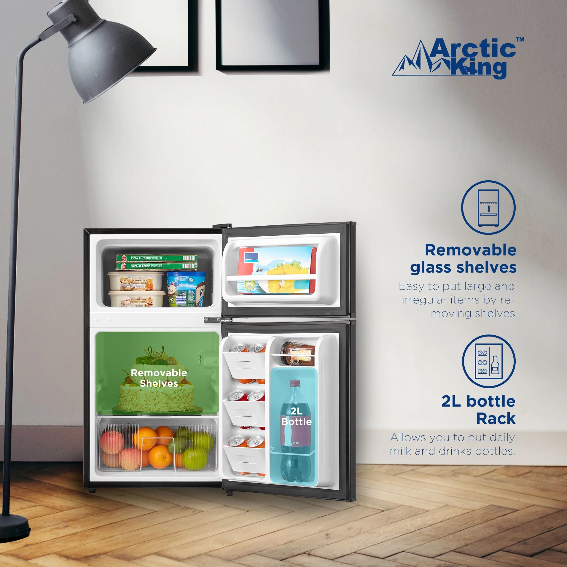 Arctic King 3.2 Cu ft Two Door Mini Fridge with Freezer, Black, E-Star, ARM32D5ABB
