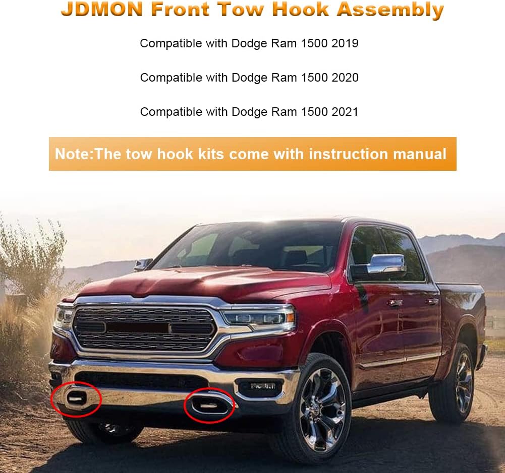 JDMON Compatible with Heavy Duty Front Tow Hook Dodge Ram 1500 2019 2020 2021 Left and Right Side with Hardware Replace 68288777AA 68288776AA Silver Forging Process