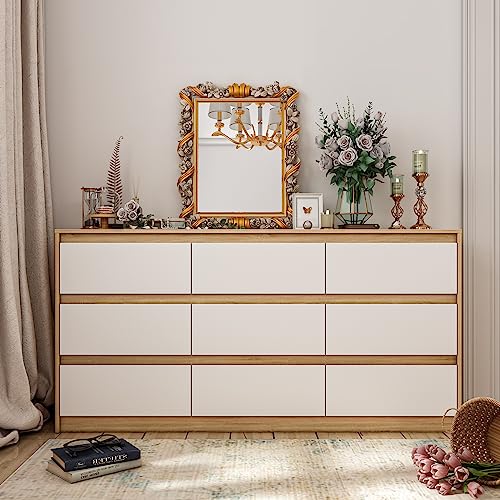 Hitow 9 Drawer Dresser for Bedroom with Deep Drawers, Large Floor Wood Dressers & Chest of Drawers Handle Free, Modern Black Long Dressers for Closet Living Room, Euro Slide (63"W x 15.7"D x 31.5"H)