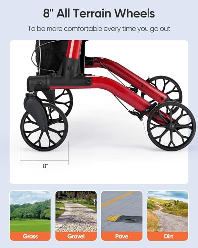 Rollator Walker with Seat, Foldable Rolling Walker with Durable Aluminum, Height Adjustable, 8" Big Wheels for All Terrain, Ergonomic Seat and Backrest,Lightweight Walkers for Seniors Adult (Red)