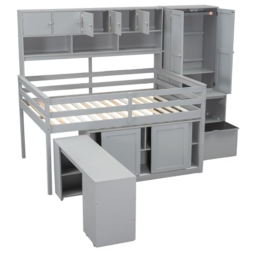 Solid Wood Low Loft Bed with All-in-One Big Storage and Mobile Desk, Twin Size Loft Bed Frame with Built-in Wardrobe and Storage Staircase for Kids Teens Boys Girls, Space-Saving, White-a