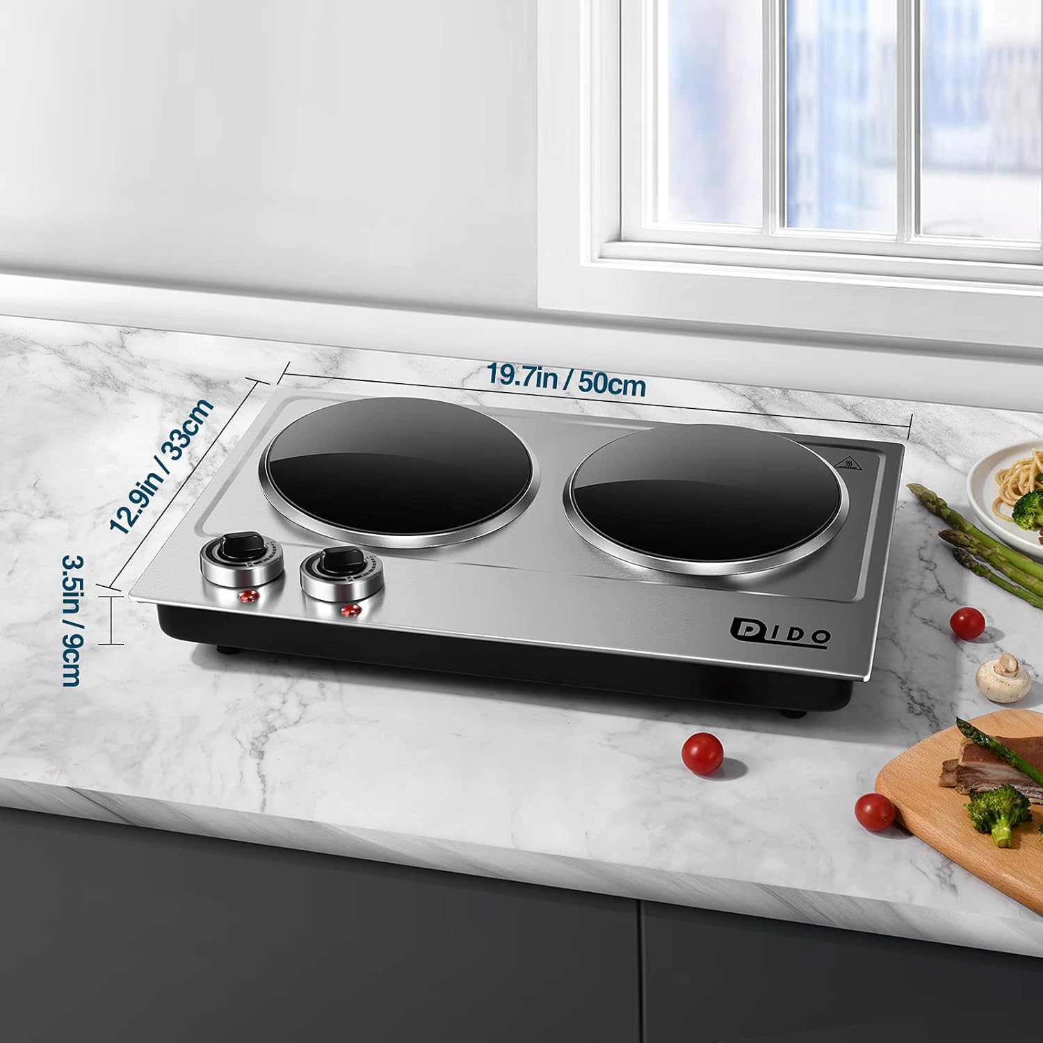 DIDO 1800W Hot Plate, Portable Electric Stove Countertop Cast-Iron Double Burner with Adjustable Temperature& Anti-Slip Feet, Stainless Steel Cooktop for Home/Camp/RV, Compatible for All Cookwares