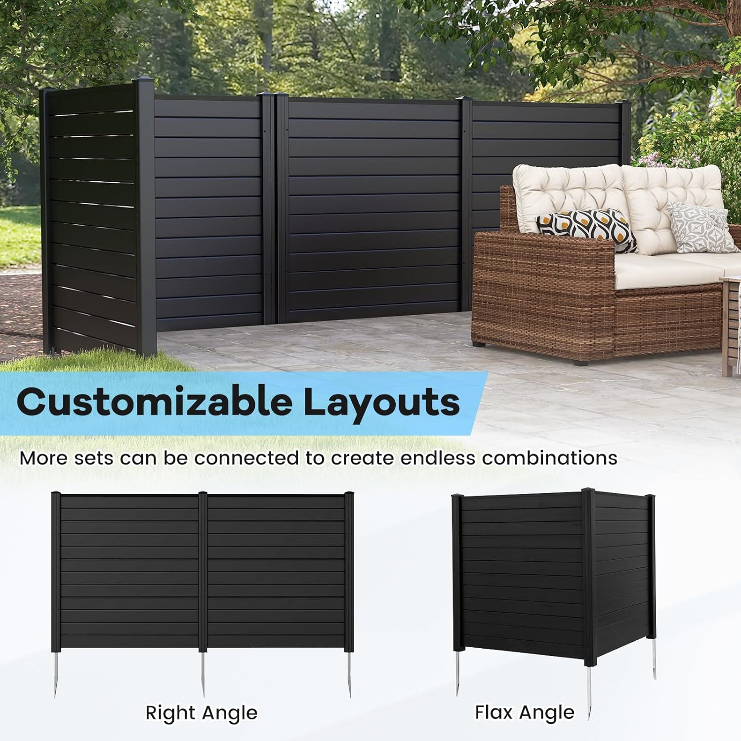 Happygrill Air Conditioner Fence, 2-Panel Outdoor Privacy Fence Screen w/Metal Ground Stakes, 48''L x 48''H Freestanding Trash Can Pool Equipment Enclosure, PVC Fence Panels for Garden Yard, Black