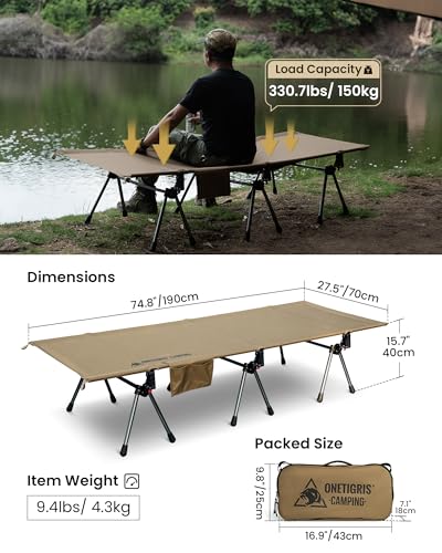 OneTigris SUPRANUBIS Camping Cot, Height Adjustable with Cot Leg Extenders, Strong Support 330lbs, Portable Folding Bed for Camping, Hiking, Travel, Truck, Beach, Office Nap (Ranger Green)