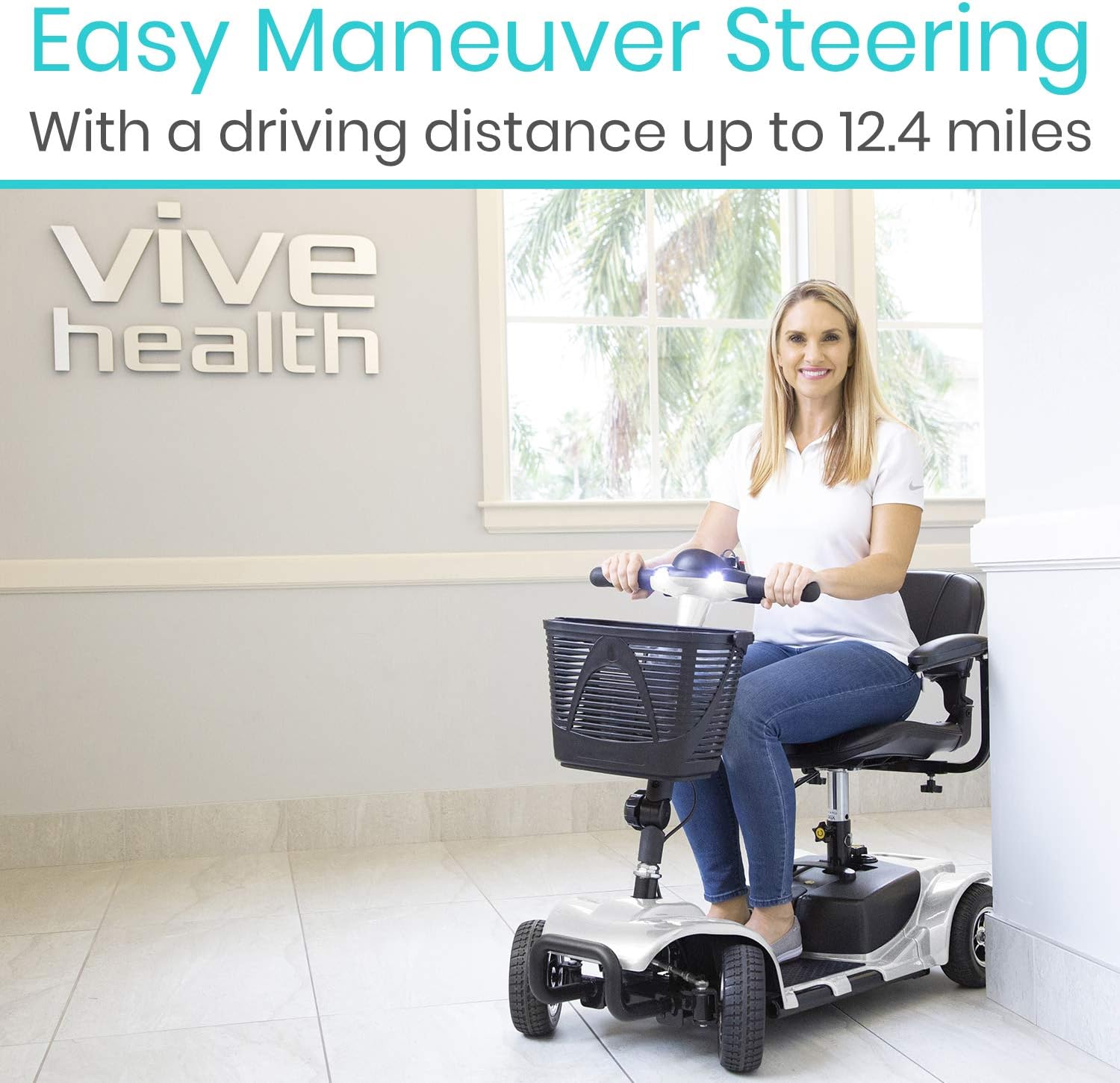 Vive 4 Wheel Mobility Scooter - Electric Powered Wheelchair Device - Compact Heavy Duty Mobile for Travel, Adults, Elderly - Long Range Power Extended Battery with Charger and Basket Included