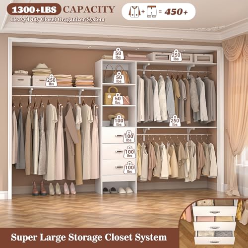 Armocity 120 Inches Closet System, 10FT Walk In Closet Organizer with 3 Shelving Towers, Heavy Duty Clothes Rack with 3 Drawers, Built-In Garment Rack, 120" L x 16" W x 75" H, Load 1300 LBS, White Oak