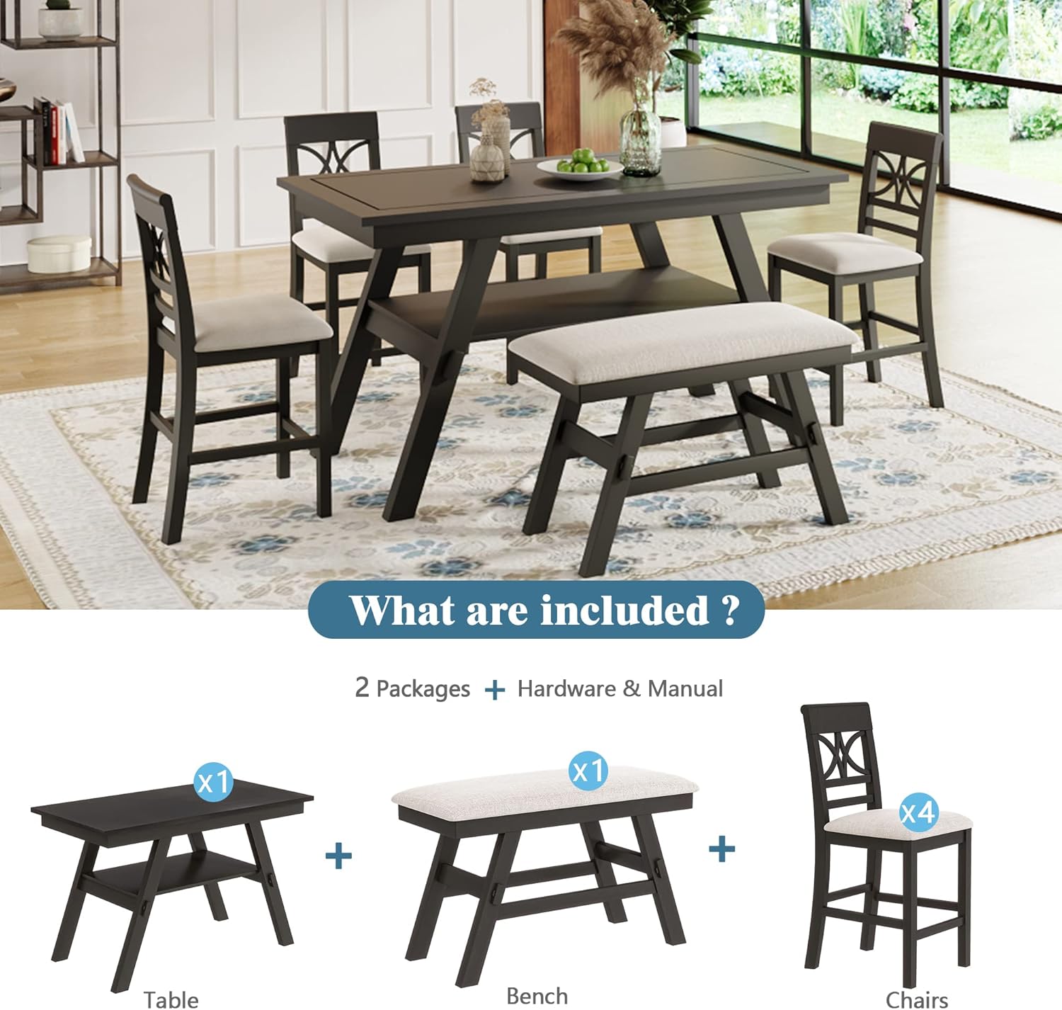 LUMISOL Dining Table Set for 6, Farmhouse Kitchen Table Set with Storage Shelf, 4 Upholstered Chairs and 1 Bench, 6 Piece Counter Height Dining Table Set for Kitchen, Dining Room, Espresso+ Beige