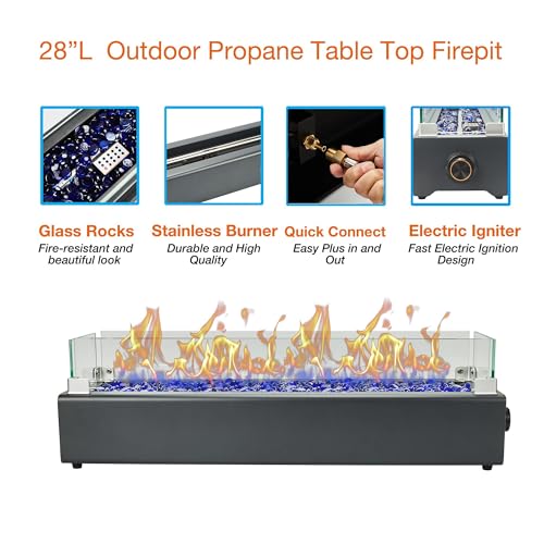 28-inch Table Top Propane Fire Pit, 40,000 BTU Tabletop Firepit for Patio, Outdoor Portable Fireplace Rectangular Fire Bowl w/Wind Glass Shield, Glass Rocks - Black