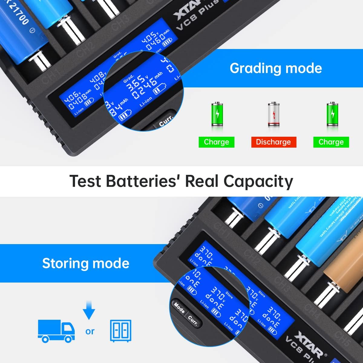 18650 battery charger 8 slot XTAR VC8 PLUS with INPUT Adapter 2022 Rechargeable lithium Battery Charger 8 slot 18650 21700 Charger test battery real capacity