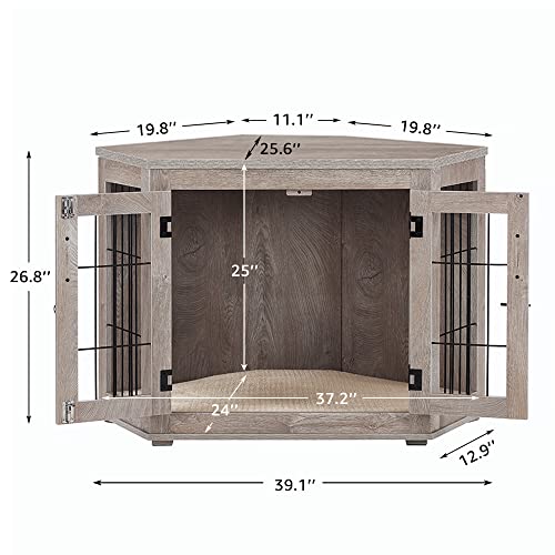 beeNbkks Furniture Dog Crate Corner, Dog Kennel Corner Wooden End Table with Cushion, Indoor Pet Crates Corner Side Table for Dogs, Wide Top Perfect for Limited Room(Large, Weathered Gray)