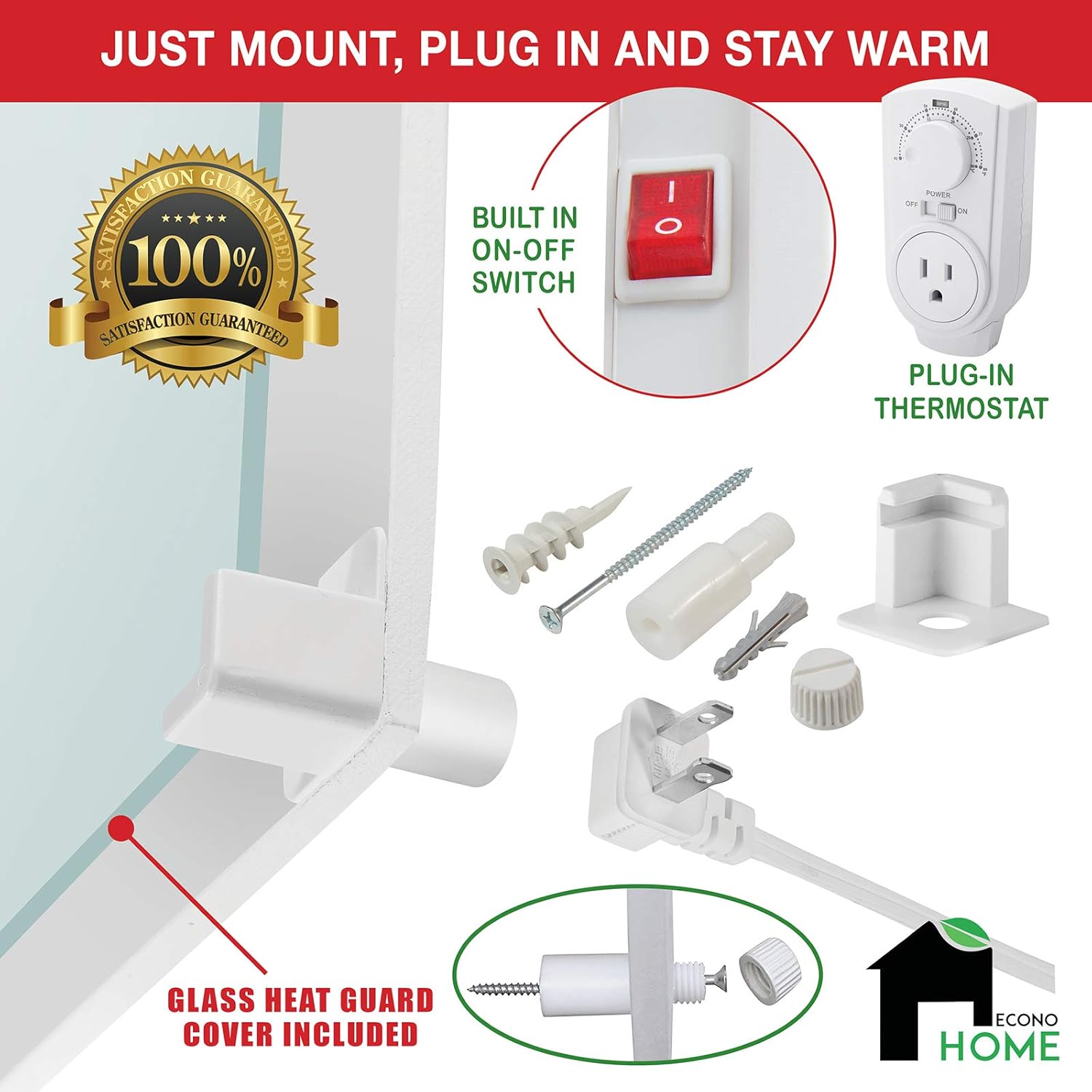 EconoHome Wall Mount Space Heater Panel - with Thermostat and Glass Heat Guard Cover - 400W Convection Heater - For 120 Sq Ft Room - 120V - Save On Your Home Heating Costs - Overheat Protection