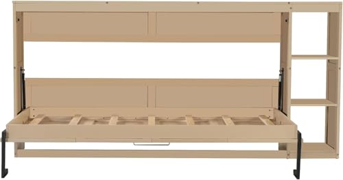 Full Murphy Bed with Storage Shelves,Wood Murphy Bed Cabinet with Storage Bookcase,Fold Up Bed Modern Murphy Wall Bed Full Size (White,Full)