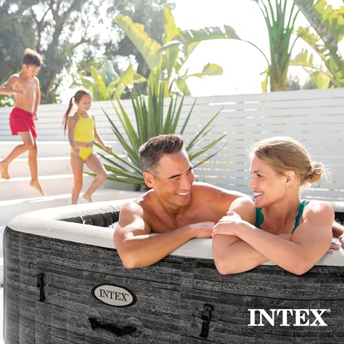 INTEX 28451EP PureSpa Greystone Deluxe Spa Set: Includes Energy Efficient Spa Cover and Wireless Control Panel – Spa Control App – Built-in FastFill Inflation System – 6 Person Capacity – 77" x 28"