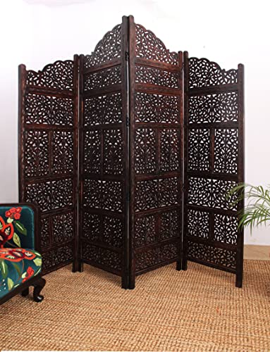 Room Divider Wood Screen - Ghanti Bells Antique Brown - 4 Panel Folding 72 x 80 - Assembled Hand Carved Decorative Functional Versatile Portable Partition Reversible Privacy Boho - COTTON CRAFT