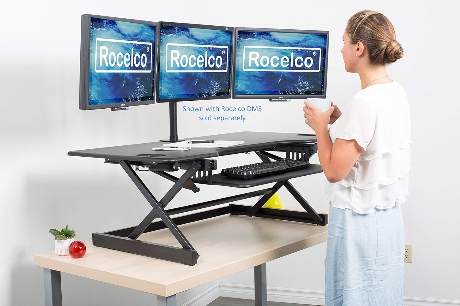 Rocelco 46" Large Height Adjustable Standing Desk Converter, Quick Sit Standup Triple Monitor Riser, Gas Spring Assist Computer Workstation, Retractable Keyboard Tray, (R DADRB-46), Black