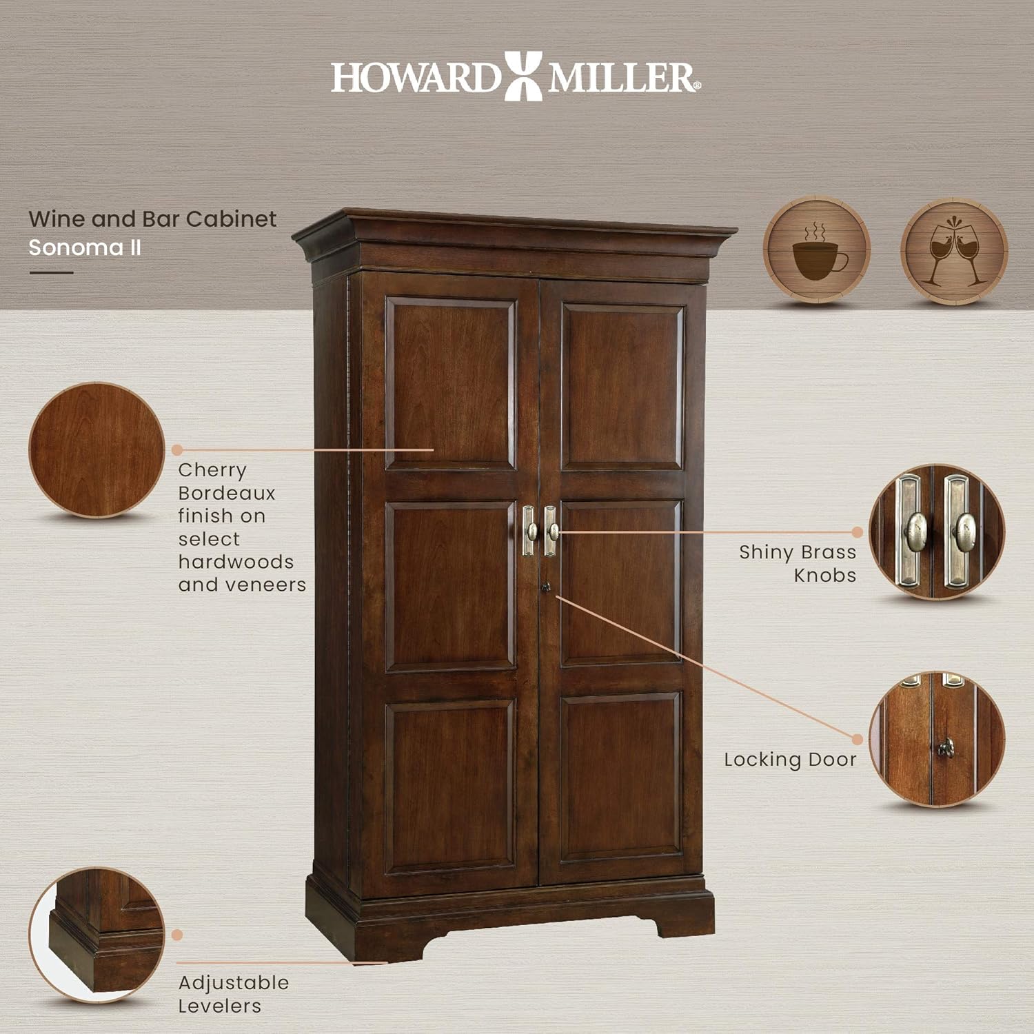 Howard Miller Sonoma II Wine & Bar Cabinet 695-065 – Cherry Bordeaux Finish, Lightly Distressed, Home Liquor Storage, Wooden Stemware Rack, 22 Bottle Wine Storage, Front Locking Doors