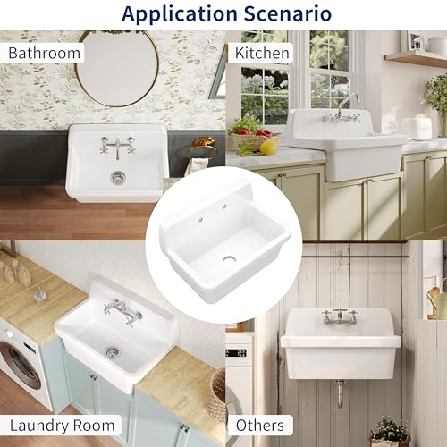 ELLAI White Ceramic Farmhouse Kitchen Sink 24"x19"x16.5" Farm Style Wall Mount Utility Sink High Back Floating Bathroom Sink Wall Mounted Laundry Sink with 8 Inch Center Faucet Chrome with Soap Tray