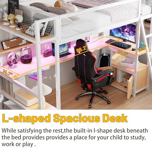 Full Size Loft Bed with Desk and Stairs,Metal Gaming Loft Bed Full with Wardrobe and Shelf, High Loft Bed with LED & USB Charging Station for Teens, Adults, Space Saving Design,Black