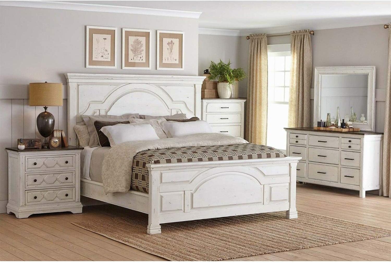 1 Piece Vintage White Style Rustic Farmhouse King Size Bed Bedroom Bedding Furniture Pine Wood Hardwood 85.75" W x 86.75" D x 70" H of Set