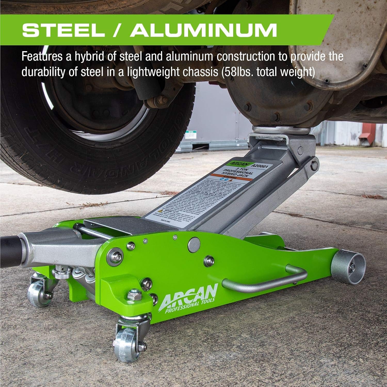 Arcan 3 Ton (6,000 lbs.) Hybrid Heavy Duty Aluminum and Steel Low Profile Floor Jack (A20001_A20004) and Arcan 6-Ton Steel Jack Stands (ALJS6)