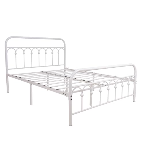 YALAXON Vintage Sturdy Queen Size Metal Bed Frame with Headboard and Footboard Basic Bed Frame No Box Spring Needed (Queen,White)