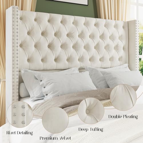 Jocisland King Upholstered Bed Frame with Tall Headboard Wingback Platform Bed Tufted Deep Button Velvet/No Box Spring Needed/Easy Assembly/Light Grey