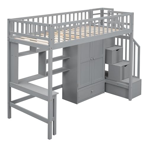 Full Size Loft Bed with Wardrobe Desk Storage Stairs, Wood Loft Bed Frame with Bookcase and Drawers, High Loft Bedframe for Kids Teens Adults, No Box Spring Needed, Espresso