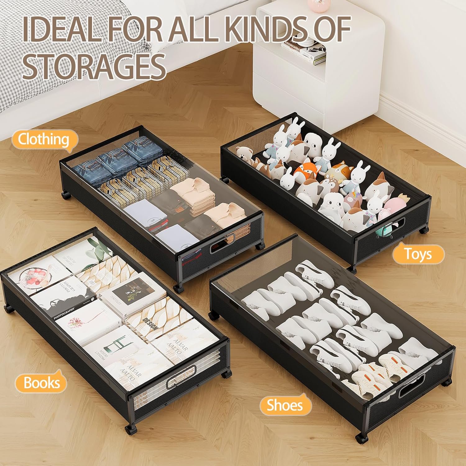 Under Bed Storage with Wheels,2 Pack Under Bed Shoe Storage, Under the Bed Storage Drawers with Remove Window, Extra Large Rolling Under Bed Storage Metal Drawer for Clothes (Black-2 pack)