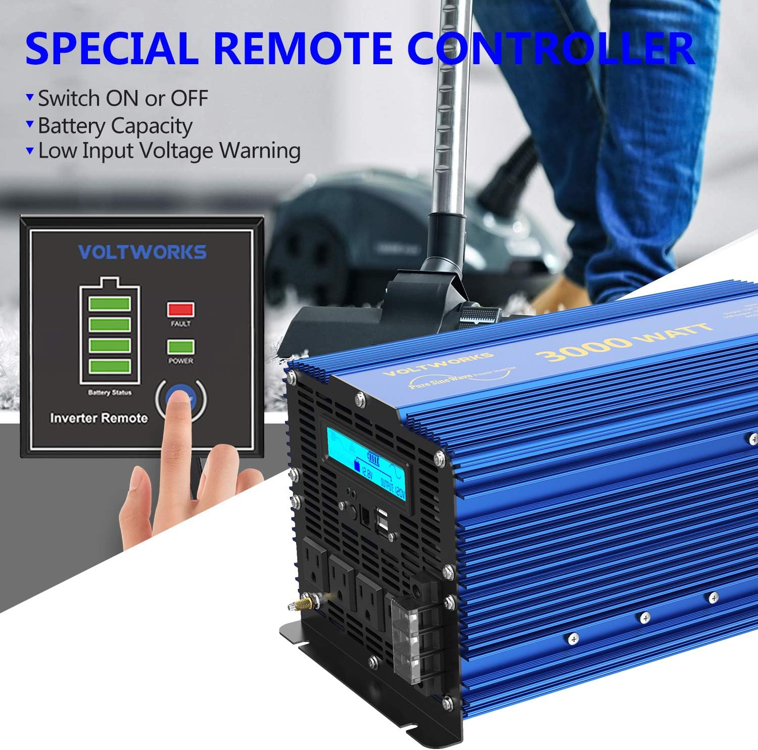 VOLTWORKS 600 Watts Pure Sine Wave Power Inverter 600w DC 12V to AC 110V 120V with Dual 2.4A USB Port & LCD Display Two AC Outlets for Car Truck RV