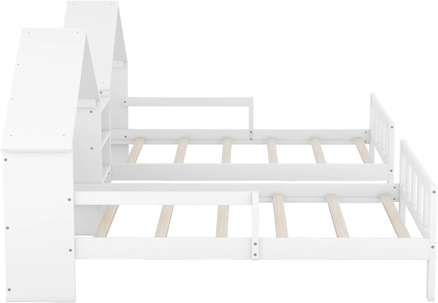 Double Bed Frames For Kids,Wood Double House Bed With House-Shaped Headboard And A Built-In Nightstand, Side By Side Montessori Bed For Kids Girls Boys,White